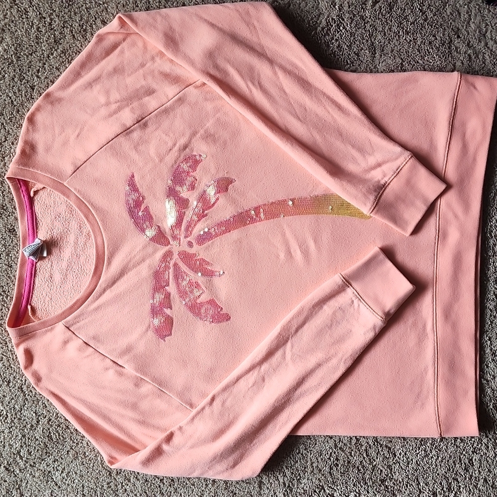 Vs pink sequin bling palm Miami destination campus sweatshirt